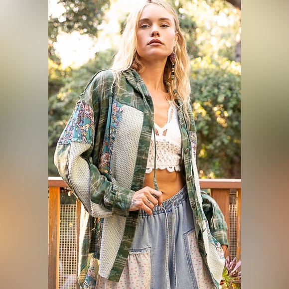 LAST ONE POL Plaid Button Down Hoodie with Multi Color Patchwork - Picture 4 of 7